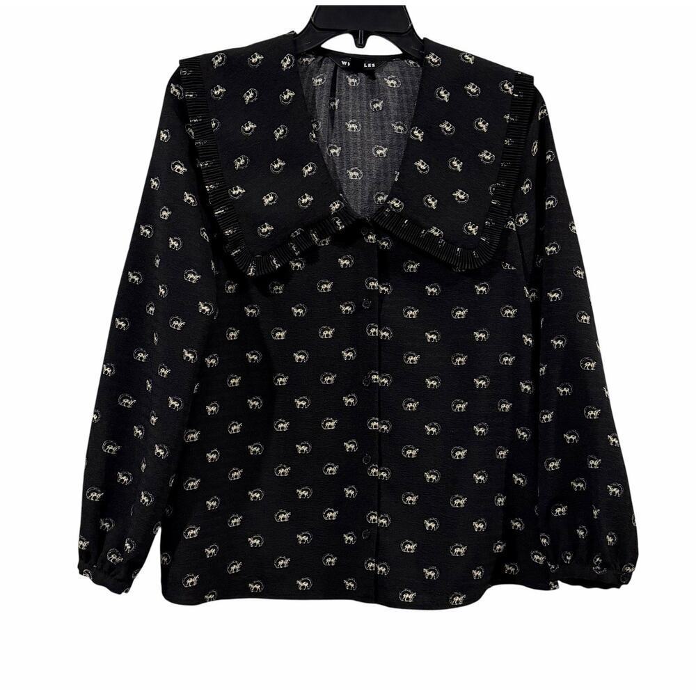 Whistles Horseshoe Print Oversized Collar Button Long Sleeve Top Womens 14 Horse